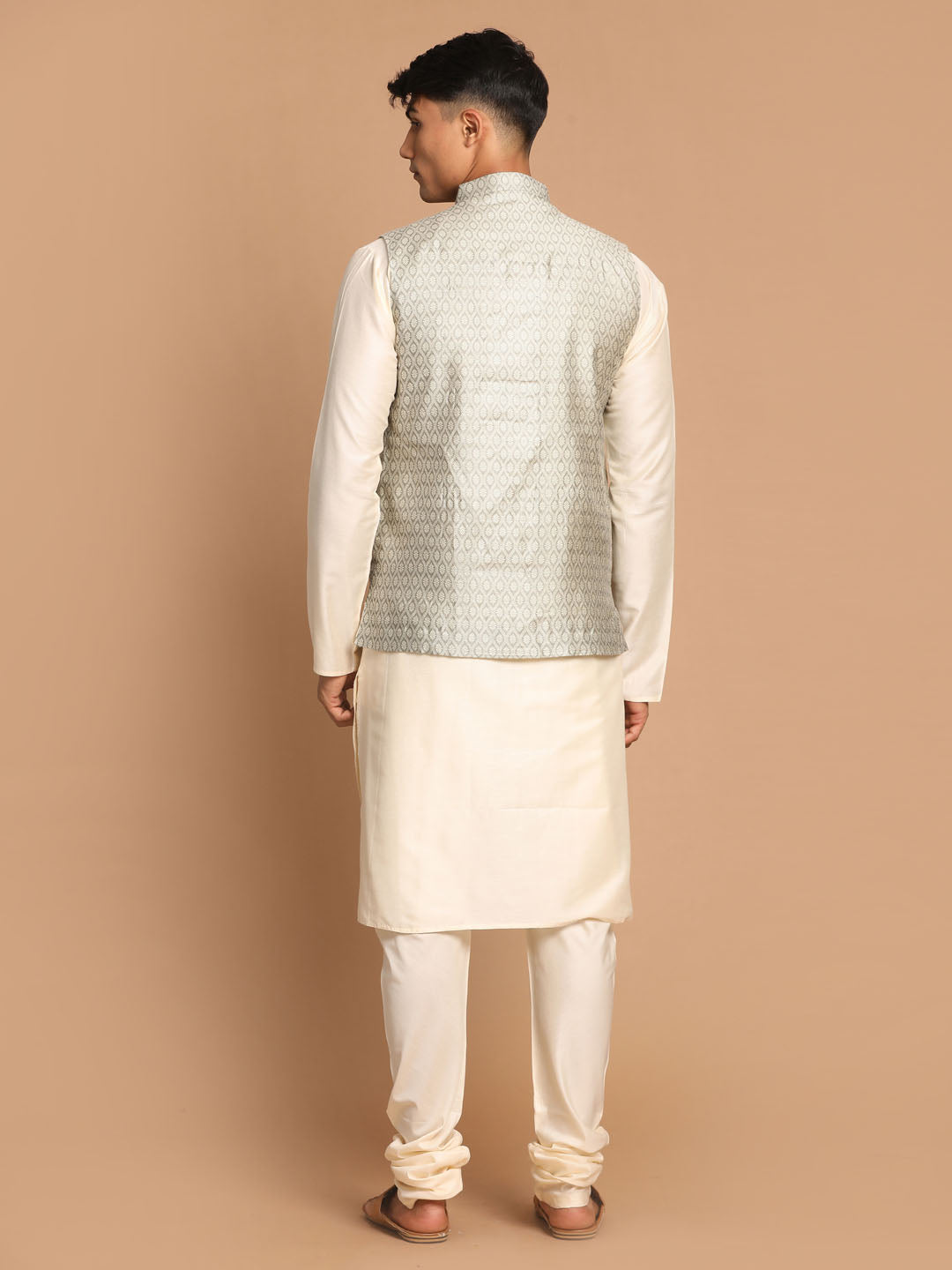 Men's Beige Jacquard Nehru Jacket With Kurta Pyjama Set