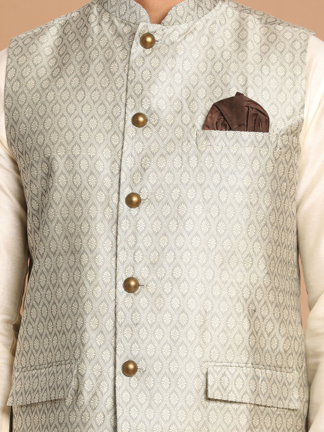 Men's Beige Jacquard Nehru Jacket With Kurta Pyjama Set