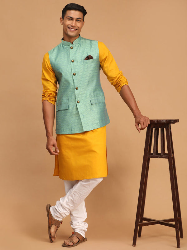 Men's Green Jacquard Nehru Jacket With Kurta Pyjama Set