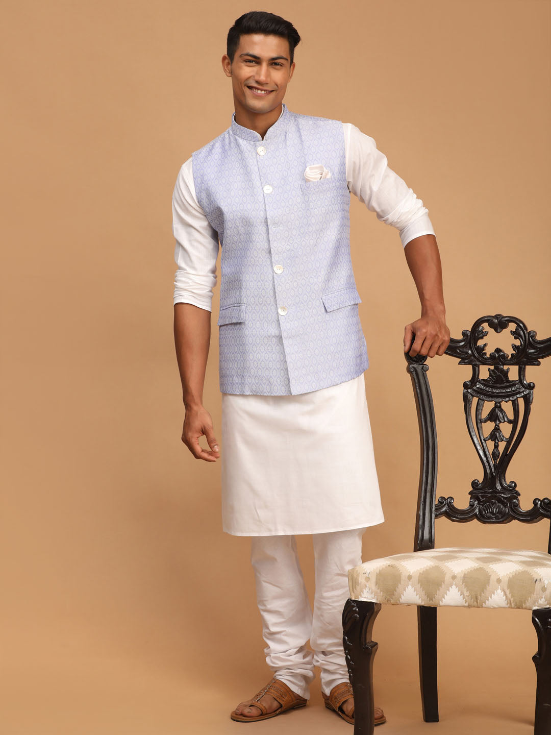 Men's Lavender Jacquard Nehru Jacket With Kurta Pyjama Set