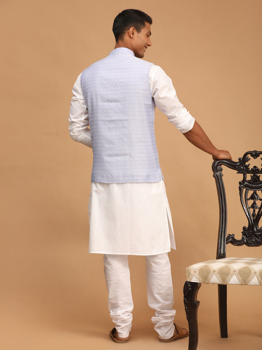 Men's Lavender Jacquard Nehru Jacket With Kurta Pyjama Set