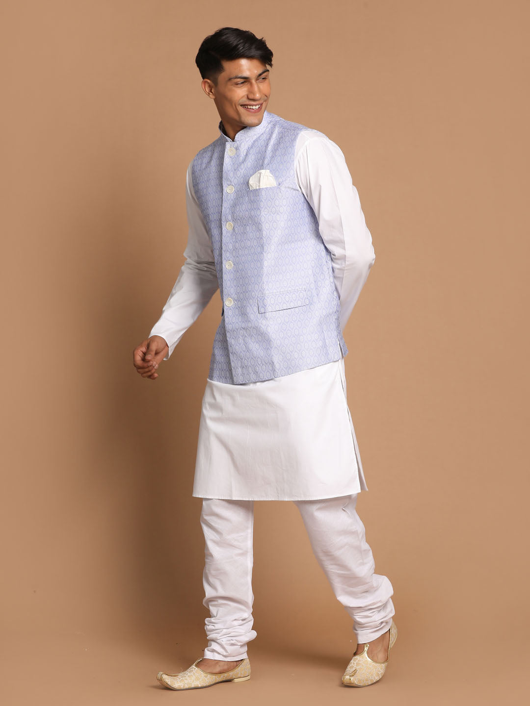 Men's Light Blue Jacquard Nehru Jacket With Kurta Pyjama Set