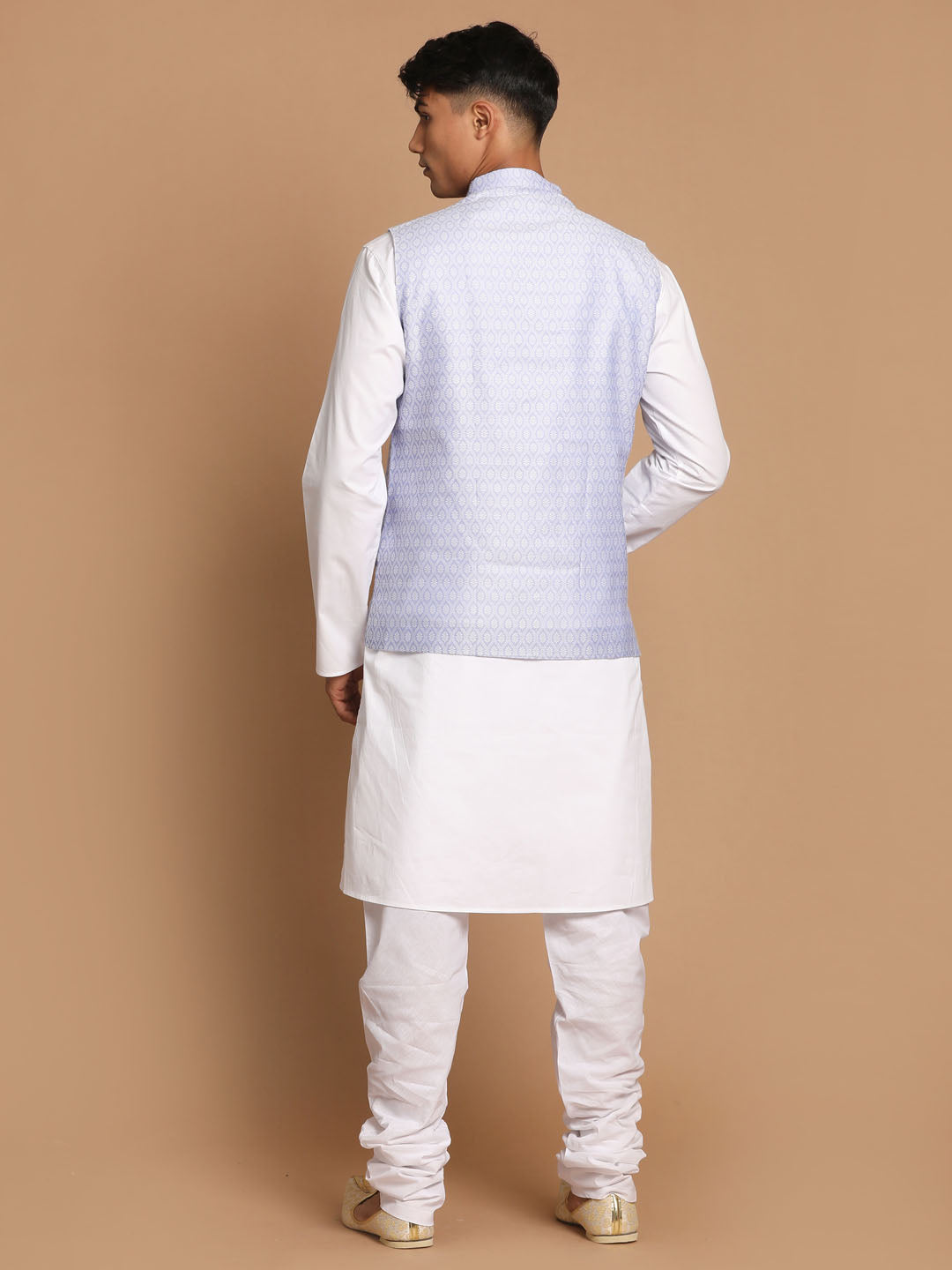 Men's Light Blue Jacquard Nehru Jacket With Kurta Pyjama Set