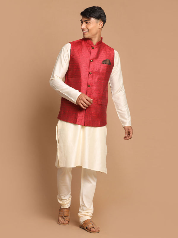 Men's Maroon Jacquard Nehru Jacket With Kurta Pyjama Set