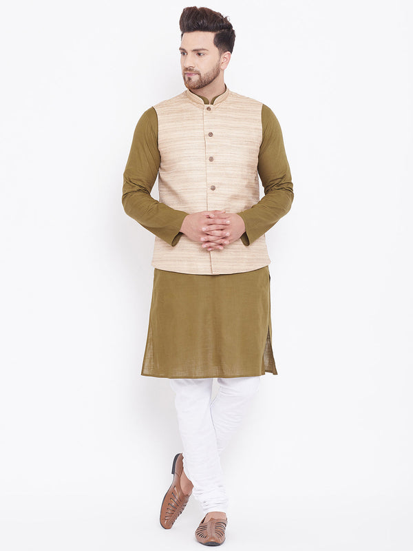 VASTRAMAY Men's Beige, Mehendi Green And White Cotton Blend Jacket, Kurta and Pyjama Set