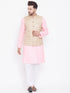 VASTRAMAY Men's Beige, Pink And White Cotton Blend Jacket, Kurta and Pyjama Set