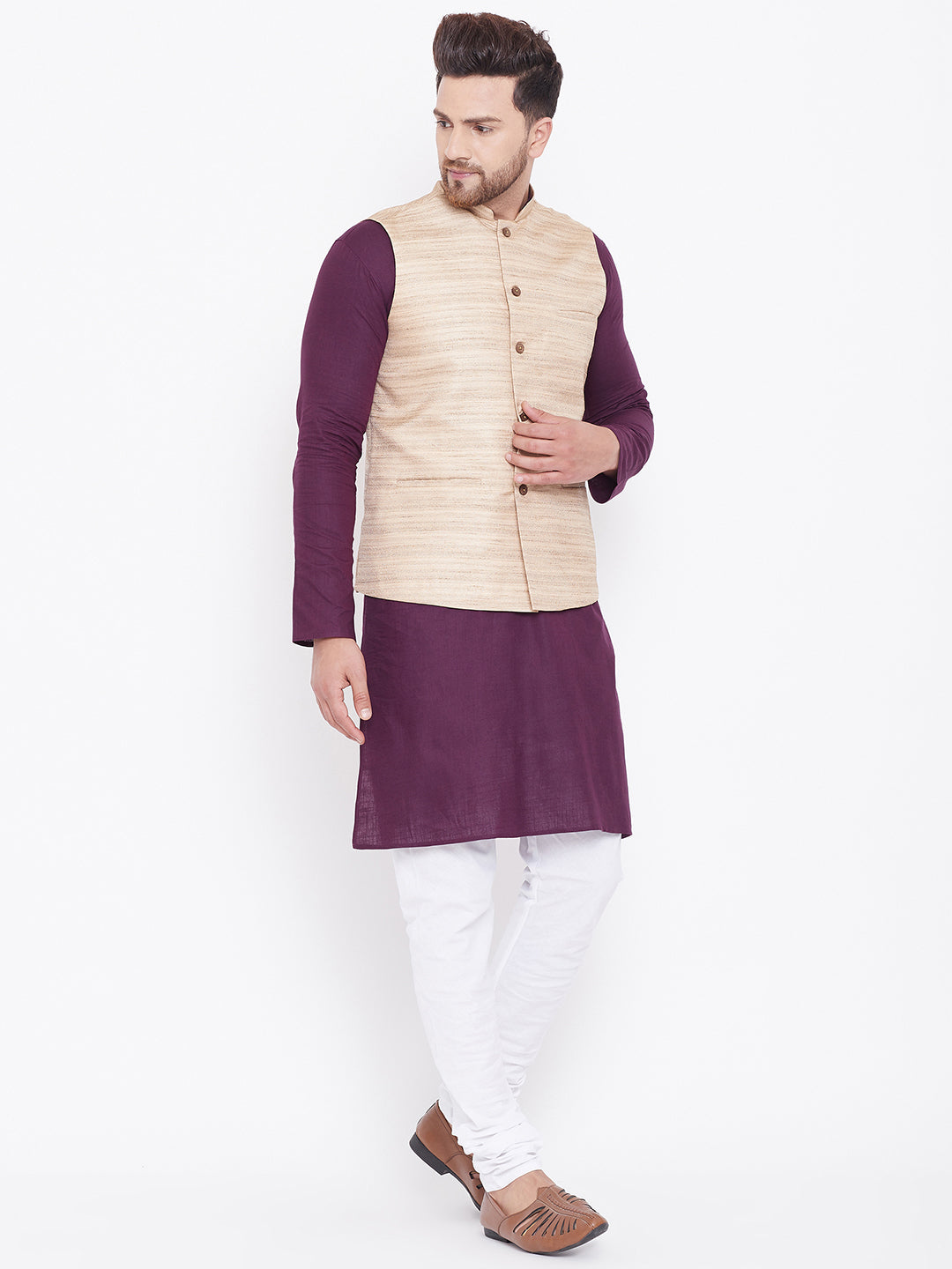 VASTRAMAY Men's Beige, Purple And White Cotton Blend Jacket, Kurta and Pyjama Set
