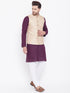 VASTRAMAY Men's Beige, Purple And White Cotton Blend Jacket, Kurta and Pyjama Set