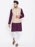 VASTRAMAY Men's Beige, Purple And White Cotton Blend Jacket, Kurta and Pyjama Set