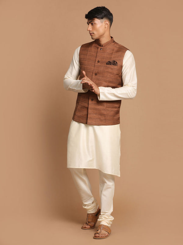 Men's Coffee Brown Nehru Jacket With Cream Solid Kurta And Pyjama Set