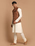 Men's Coffee Brown Nehru Jacket With Cream Solid Kurta And Pyjama Set