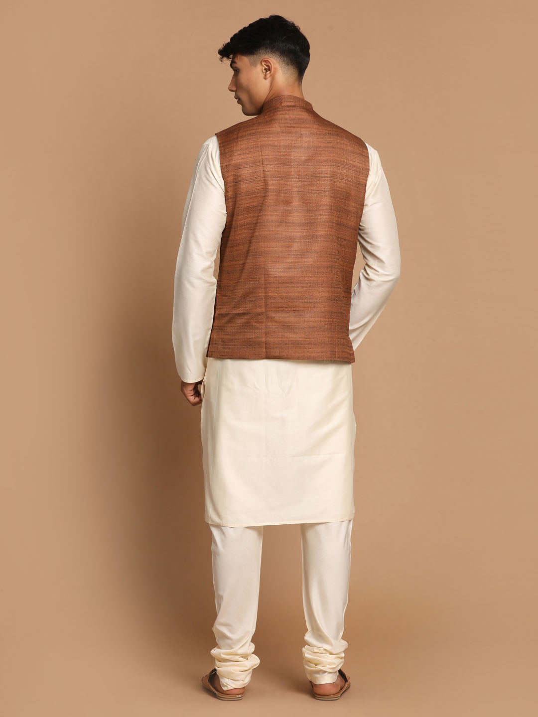 Men's Coffee Brown Nehru Jacket With Cream Solid Kurta And Pyjama Set
