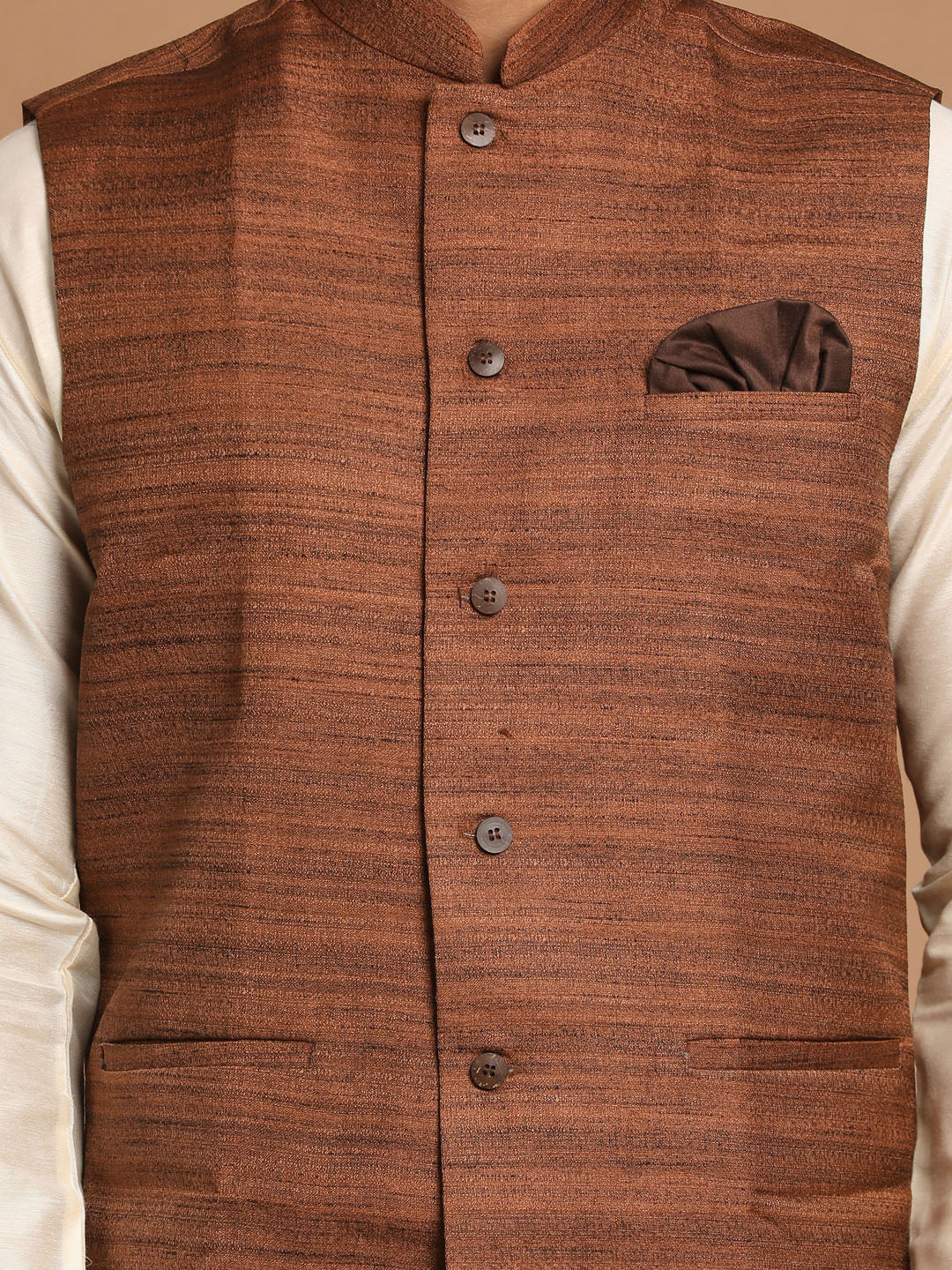 Men's Coffee Brown Nehru Jacket With Cream Solid Kurta And Pyjama Set