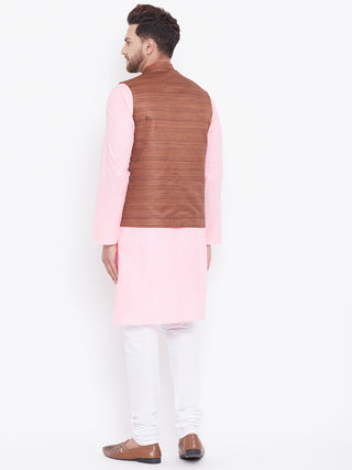 VASTRAMAY Brown, Pink And White Baap Beta Nehru Jacket Kurta Pyjama set