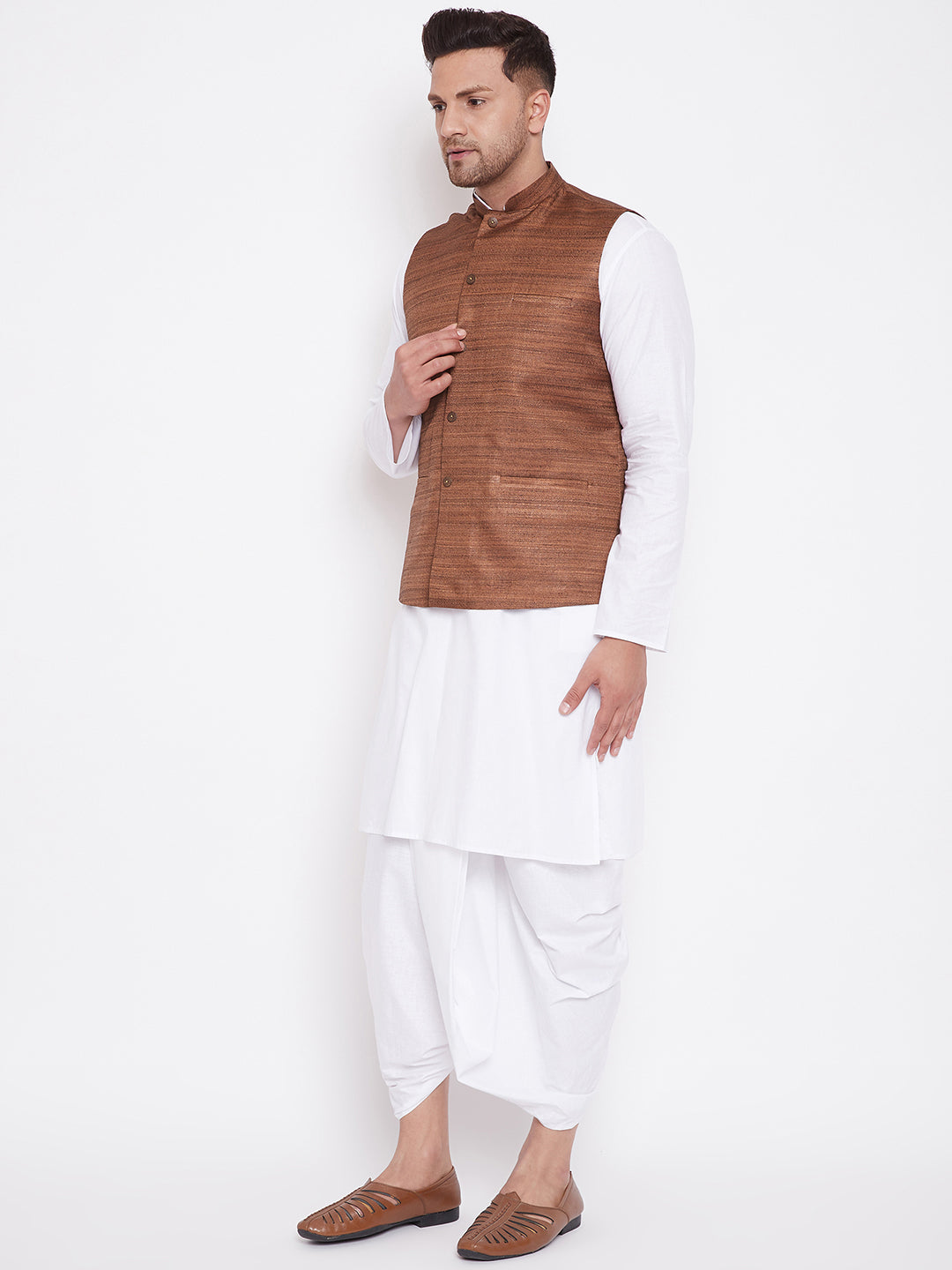 Men's Coffee Brown And White Cotton Blend Jacket, Kurta And Dhoti Set