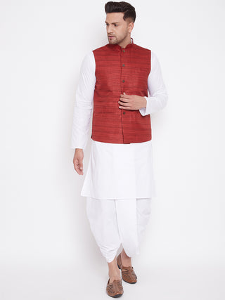 VM BY Vastramay Men's Maroon And White Cotton Blend Jacket, Kurta and Dhoti Set