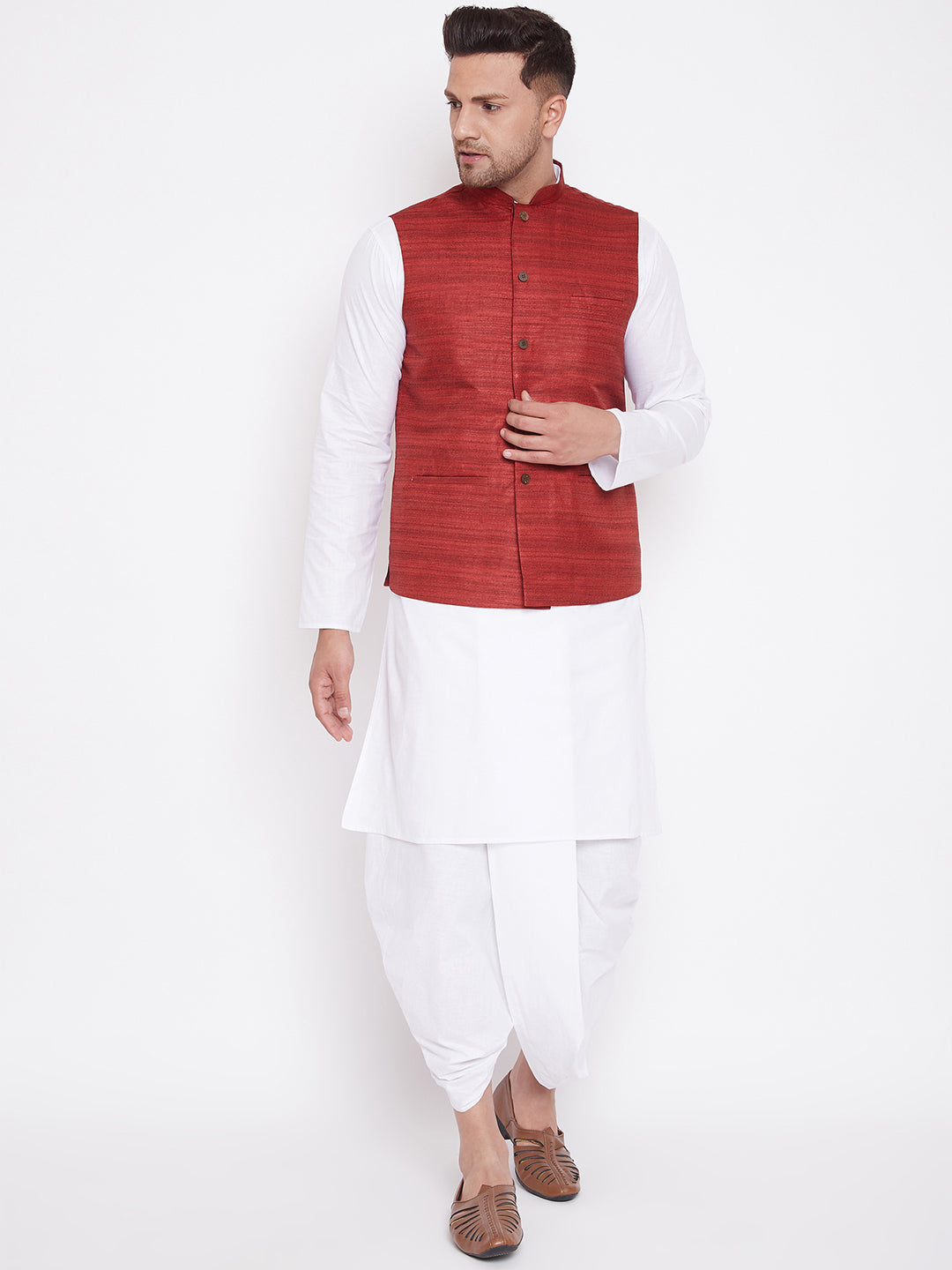 Men's Maroon And White Cotton Blend Jacket, Kurta And Dhoti Set