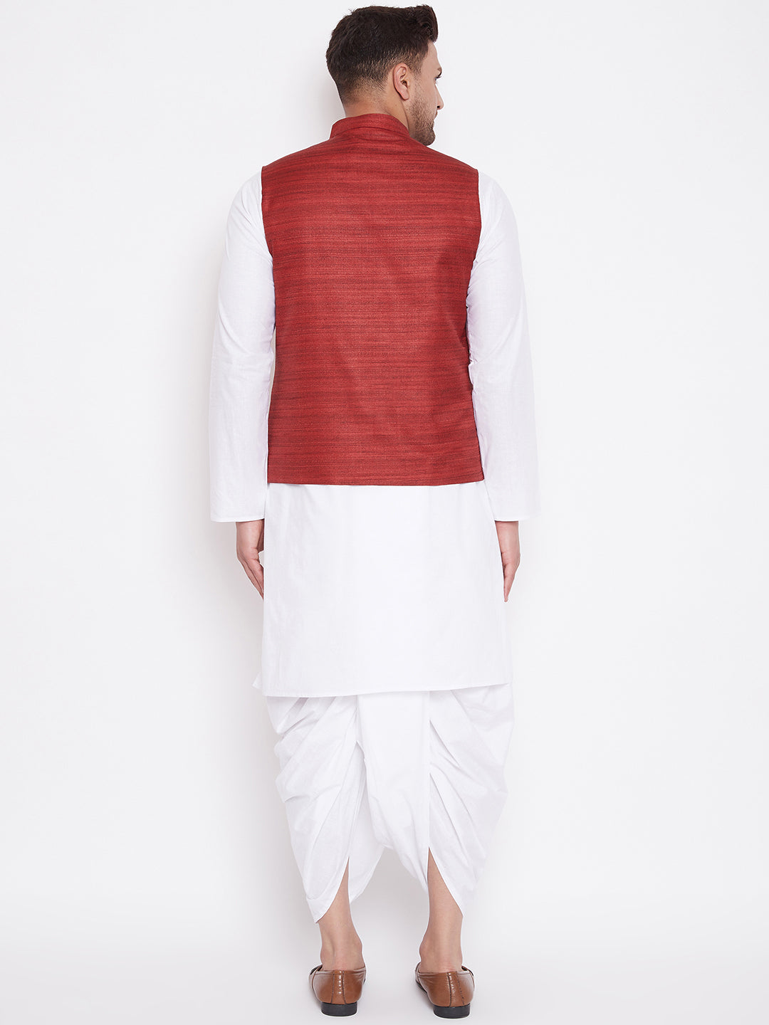 Men's Maroon And White Cotton Blend Jacket, Kurta And Dhoti Set
