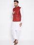 Men's Maroon And White Cotton Blend Jacket, Kurta And Dhoti Set