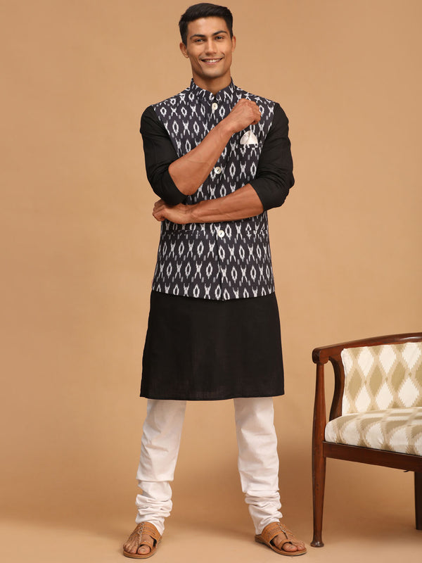 Men's Black Ikaat Printede Cotton Nehru Jacket With Black Kurta And White Pyjama Set