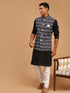 Men's Black Ikaat Printede Cotton Nehru Jacket With Black Kurta And White Pyjama Set