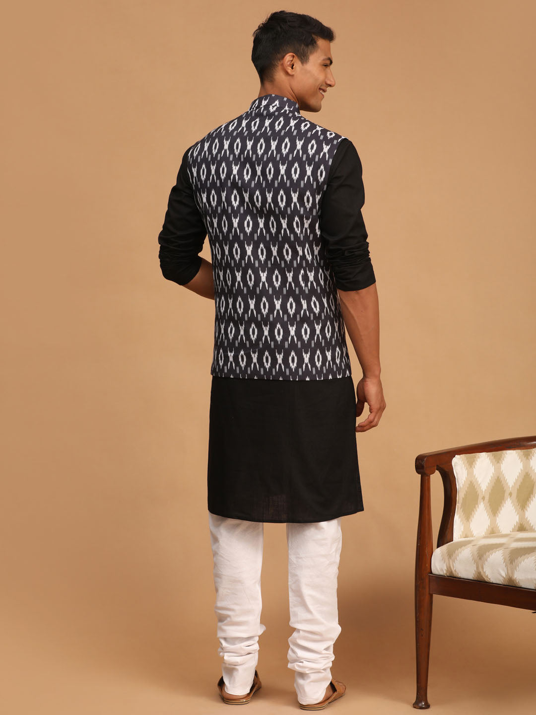 Men's Black Ikaat Printede Cotton Nehru Jacket With Black Kurta And White Pyjama Set