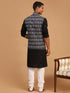 Men's Black Ikaat Printede Cotton Nehru Jacket With Black Kurta And White Pyjama Set