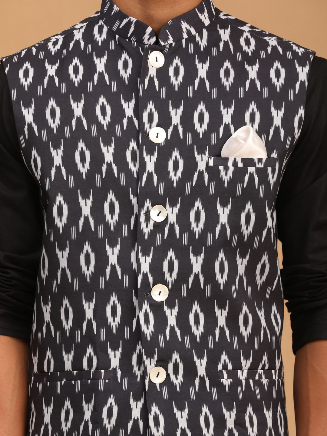 Men's Black Ikaat Printede Cotton Nehru Jacket With Black Kurta And White Pyjama Set