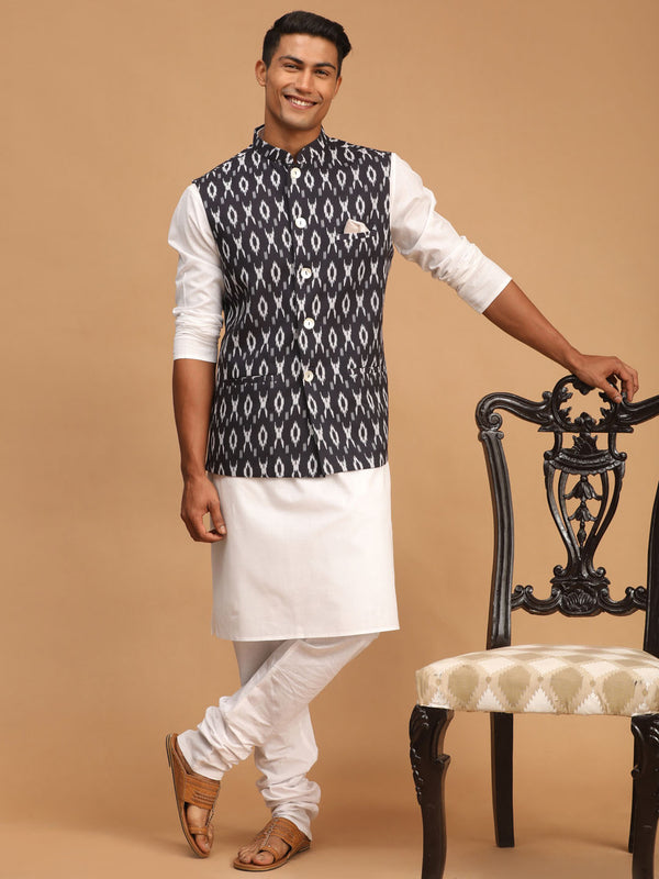 Men's Black Ikkat Printed Cotton Nehru Jacket With White Kurta And Pyjama Set