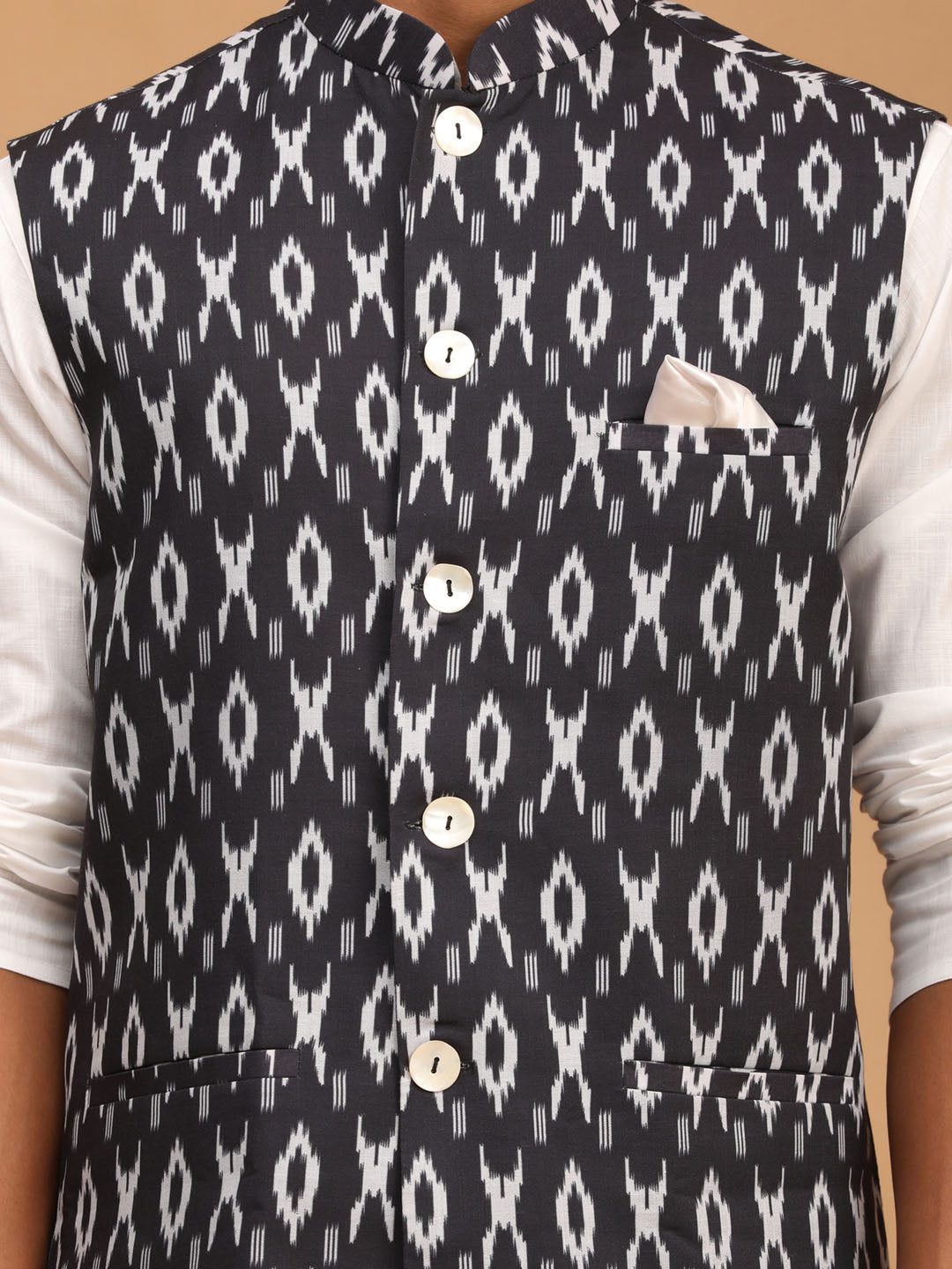 Men's Black Ikkat Printed Cotton Nehru Jacket With White Kurta And Pyjama Set