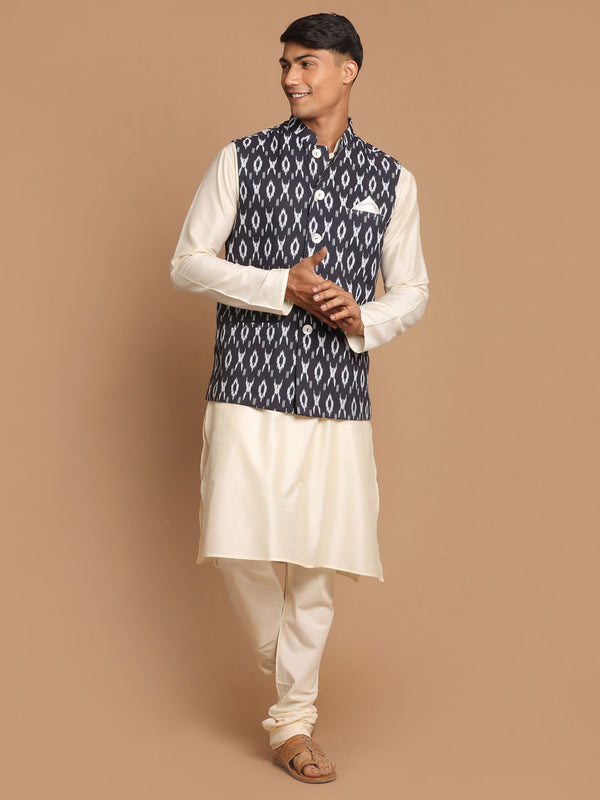 Men's Black Nehru Jacket With Cream Kurta And Pyjama Set