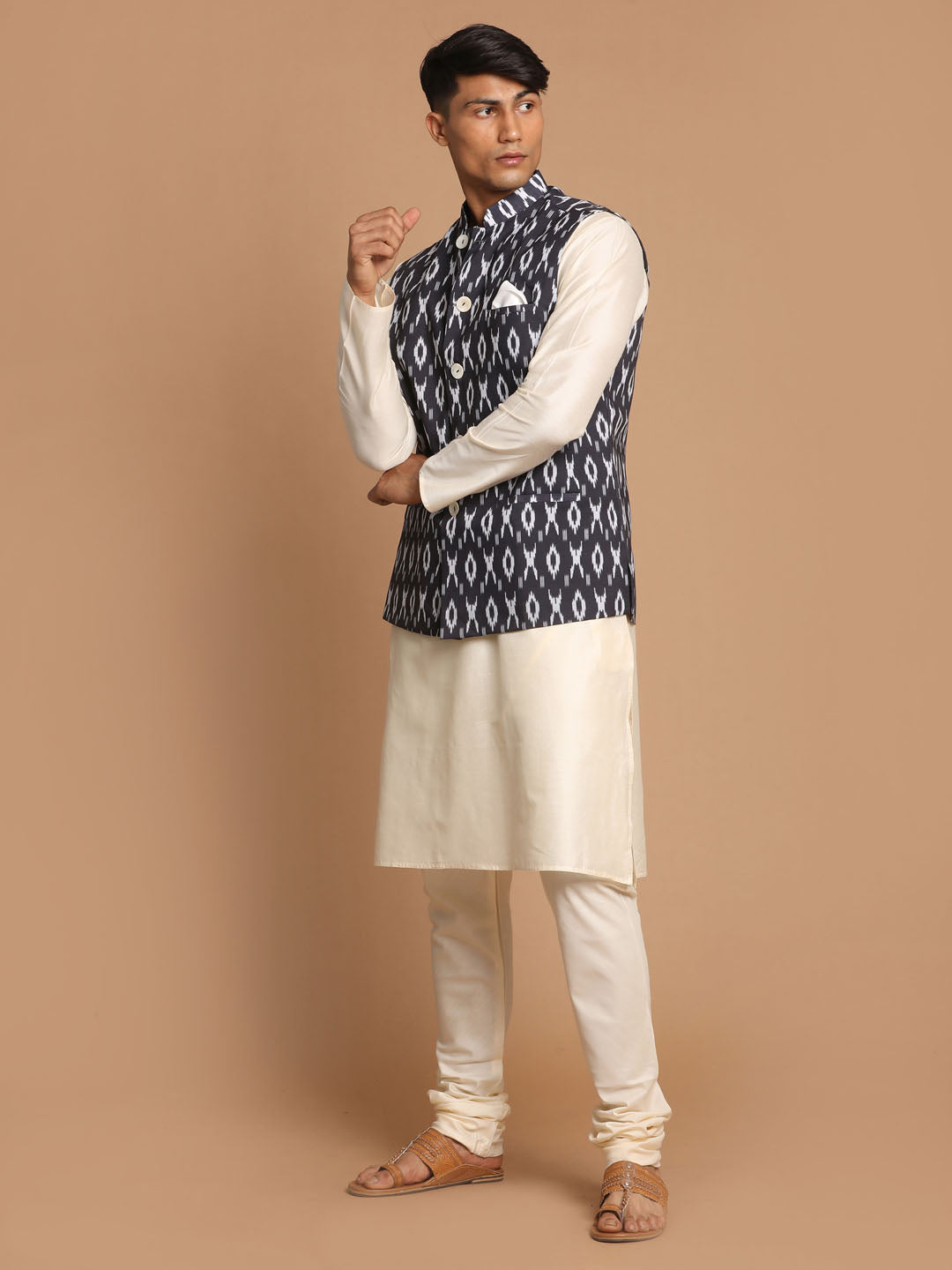 Men's Black Nehru Jacket With Cream Kurta And Pyjama Set