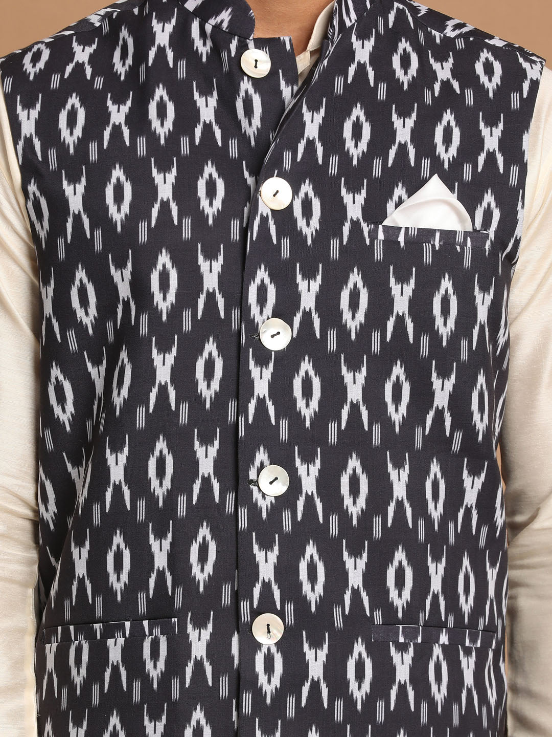 Men's Black Nehru Jacket With Cream Kurta And Pyjama Set