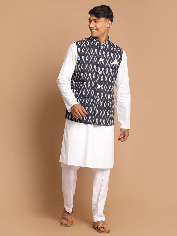 Men's Black And White Printed Nehru Jacket With White Kurta Pyjama