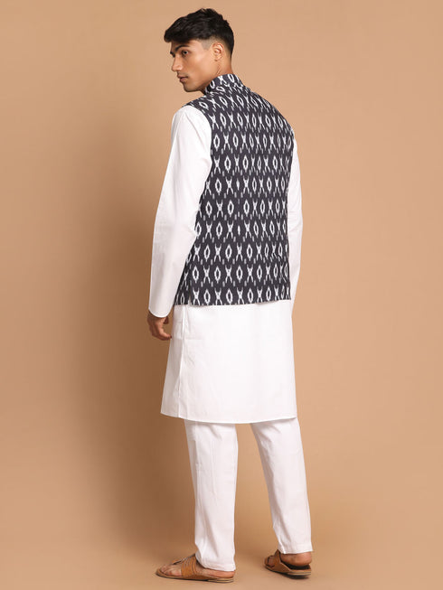 Men's Black And White Printed Nehru Jacket With White Kurta Pyjama