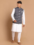 Men's Black Ikkat Printed Cotton Nehru Jacket With White Kurta And Pyjama Set