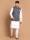 Men's Black Ikkat Printed Cotton Nehru Jacket With White Kurta And Pyjama Set