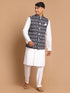 Men's Black Ikkat Printed Cotton Nehru Jacket With White Kurta And Pyjama Set