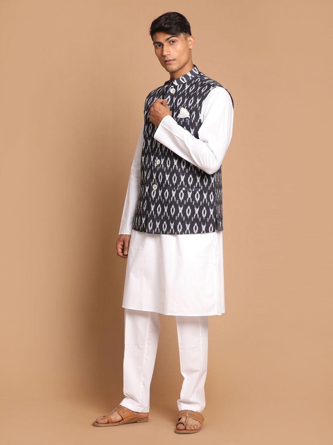 Men's Grey Printed Cotton Nehru Jacket With White Kurta And Pant Set