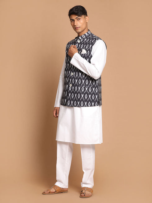 Men's Grey Printed Cotton Nehru Jacket With White Kurta And Pant Set