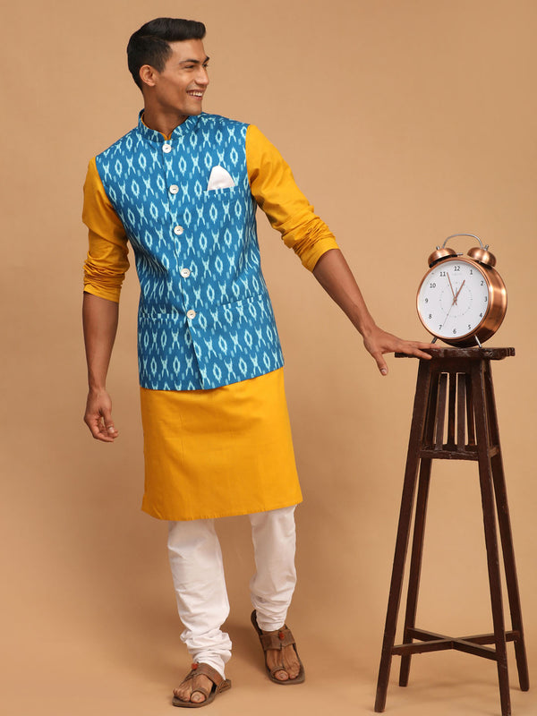 Men's Turquoise Ikkat Printed Cotton Nehru Jacket With Mustard Kurta And White Pyjama Set