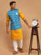 Men's Turquoise Ikkat Printed Cotton Nehru Jacket With Mustard Kurta And White Pyjama Set