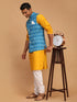 Men's Turquoise Ikkat Printed Cotton Nehru Jacket With Mustard Kurta And White Pyjama Set