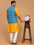 Men's Turquoise Ikkat Printed Cotton Nehru Jacket With Mustard Kurta And White Pyjama Set