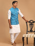 Men's Turquoise Cotton Nehru Jacket With White Kurta And Pyjama Set