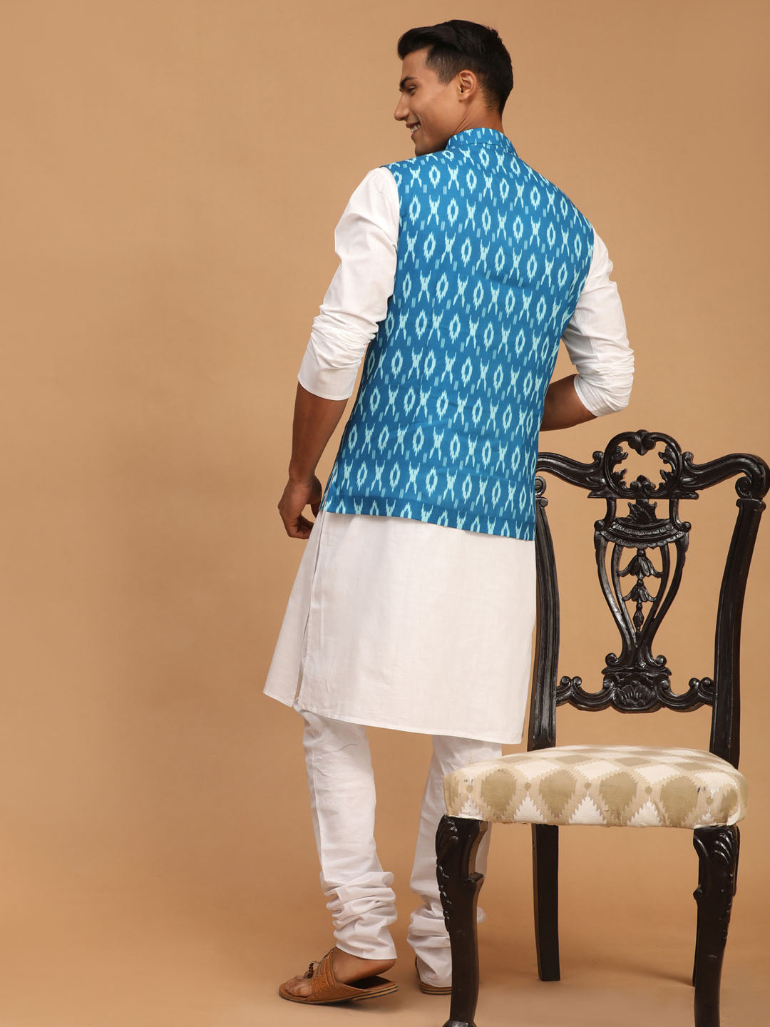 Men's Turquoise Cotton Nehru Jacket With White Kurta And Pyjama Set