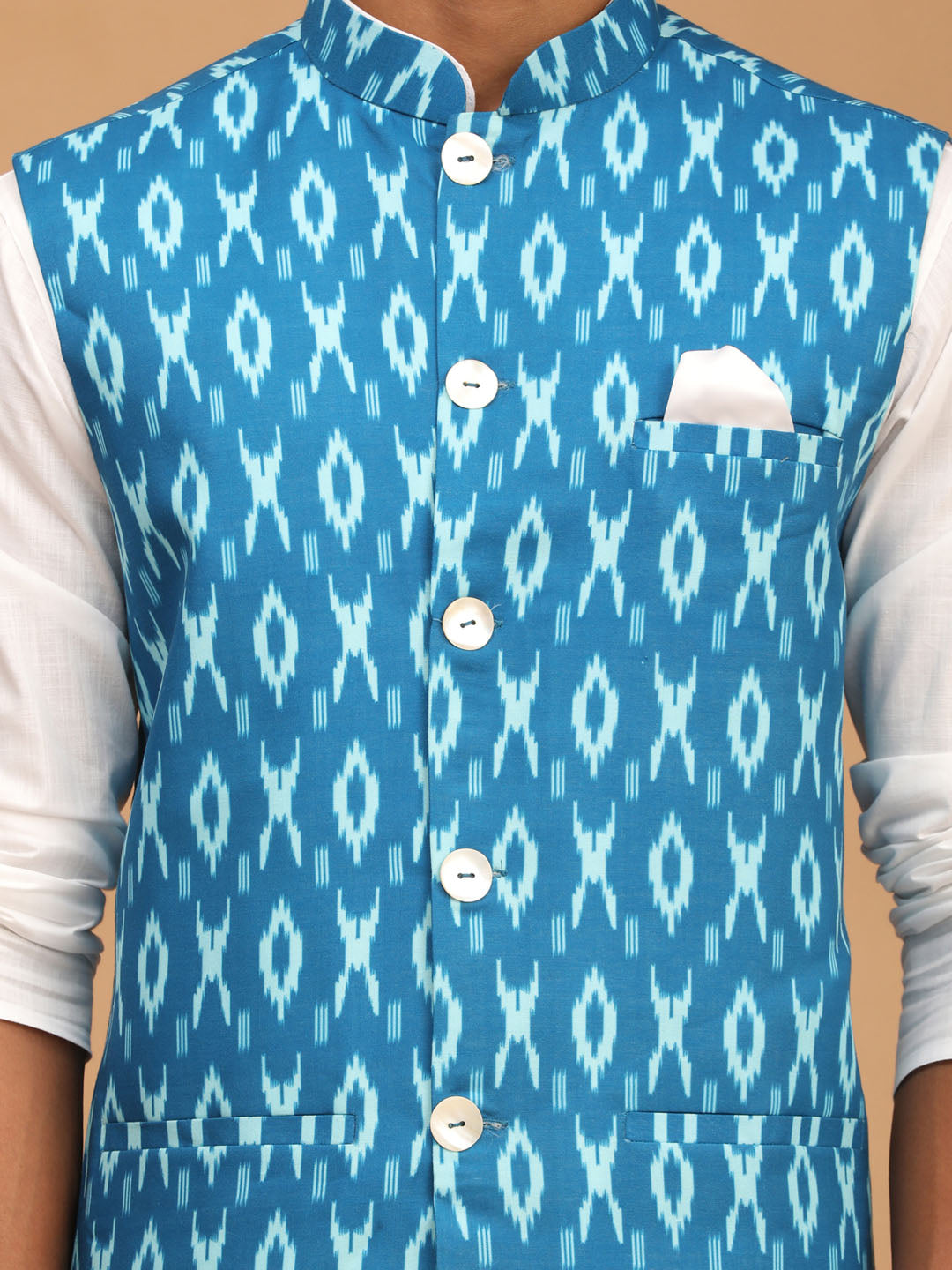 Men's Turquoise Cotton Nehru Jacket With White Kurta And Pyjama Set