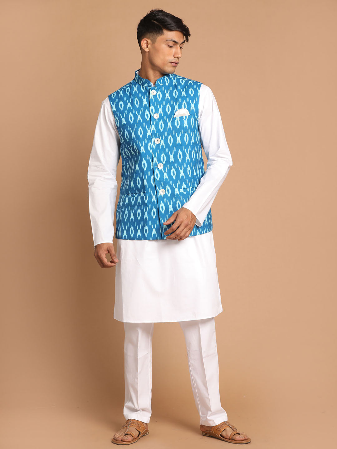 Men's Turquoise Cotton Nehru Jacket With White Kurta And Pant Set