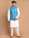 Men's Turquoise Cotton Nehru Jacket With White Kurta And Pant Set