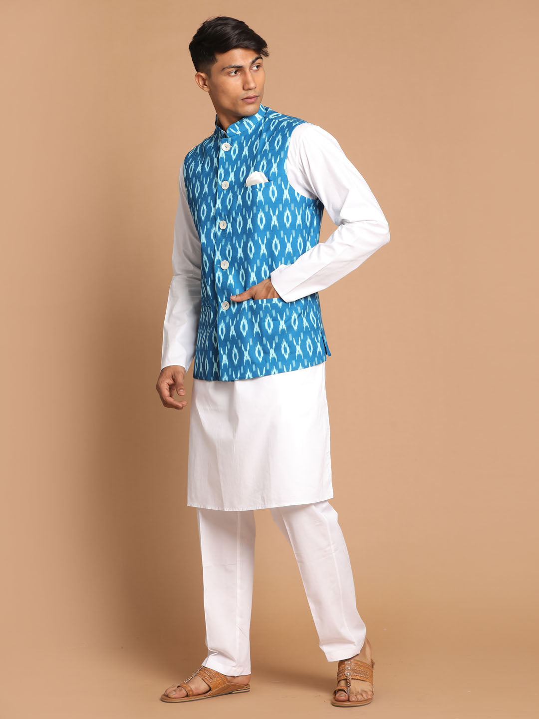 Men's Turquoise Cotton Nehru Jacket With White Kurta And Pant Set